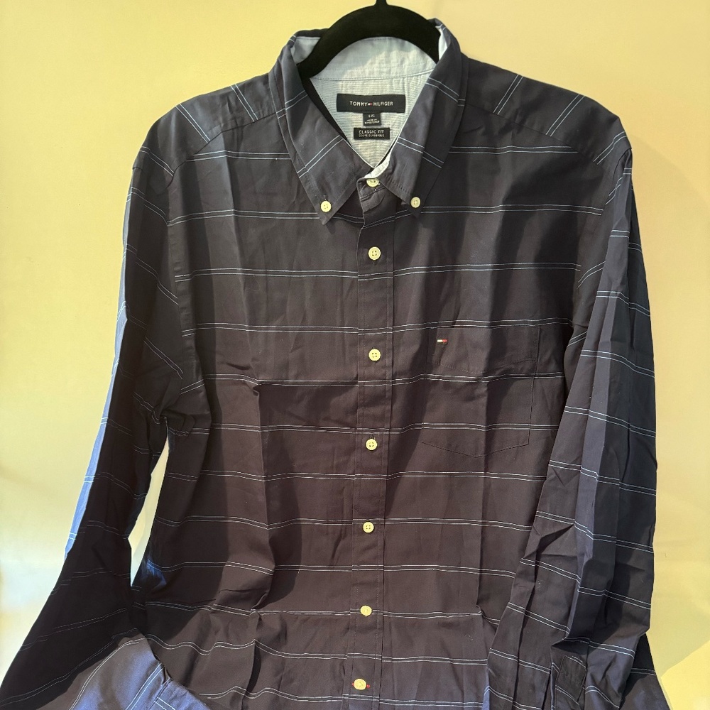 Men's Tommy Hilfiger Classic Fit Shirt - Navy Stripe - Size Large